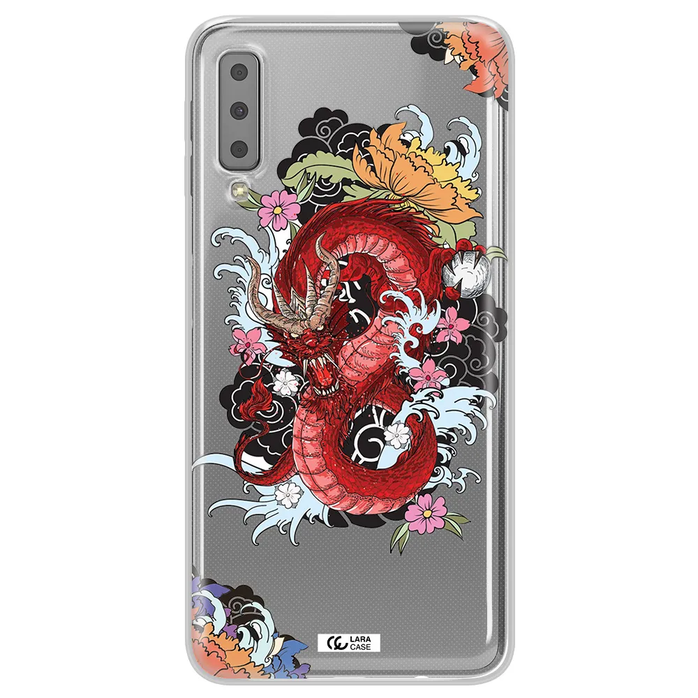a red dragon with flowers and clouds Samsung A7 2018 Clear TPU Case