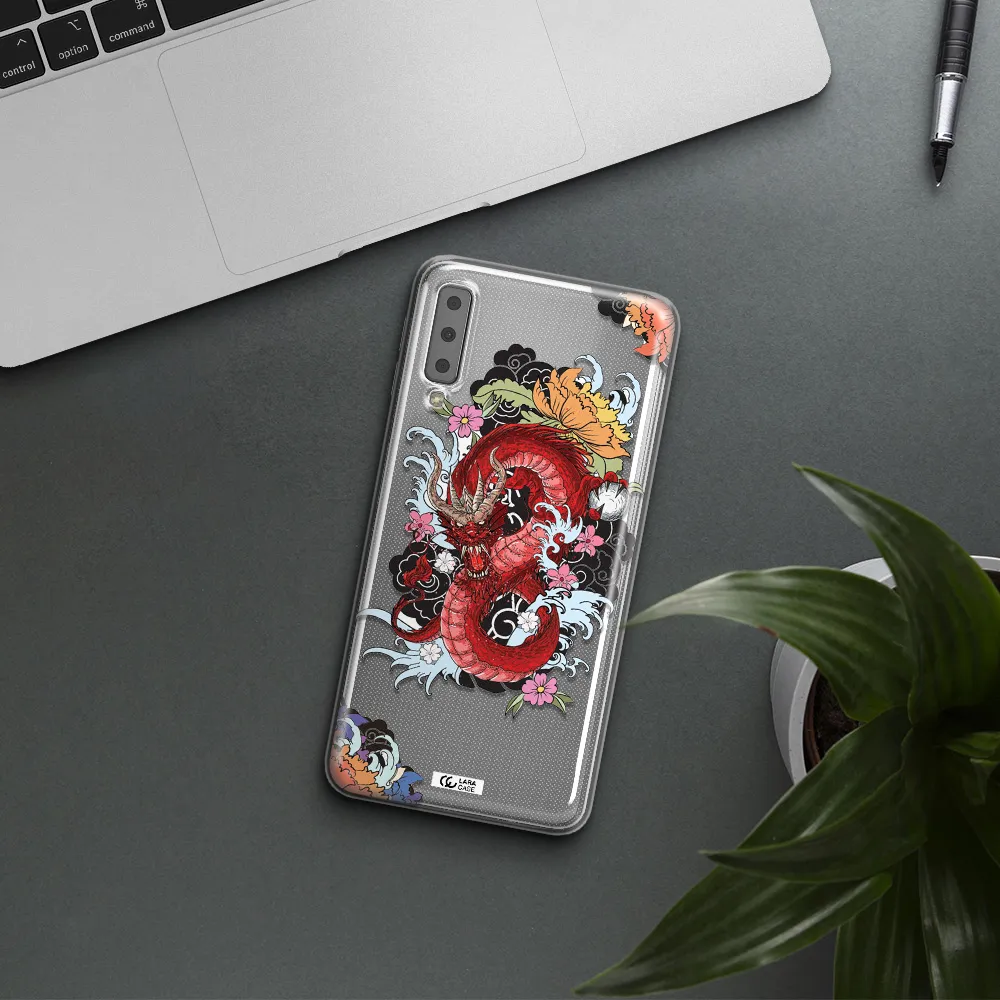 a red dragon with flowers and clouds Samsung A7 2018 Clear TPU Case