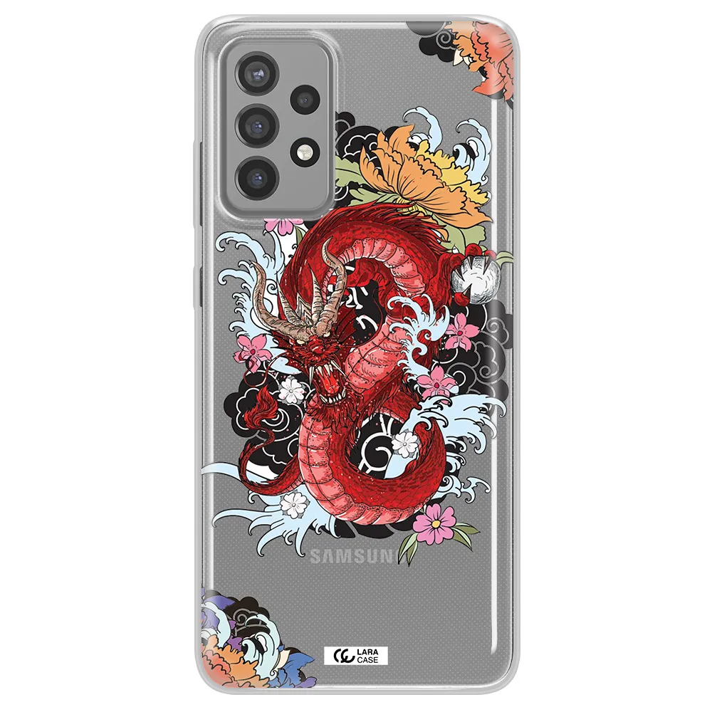a red dragon with flowers and clouds Samsung A72 Clear TPU Case