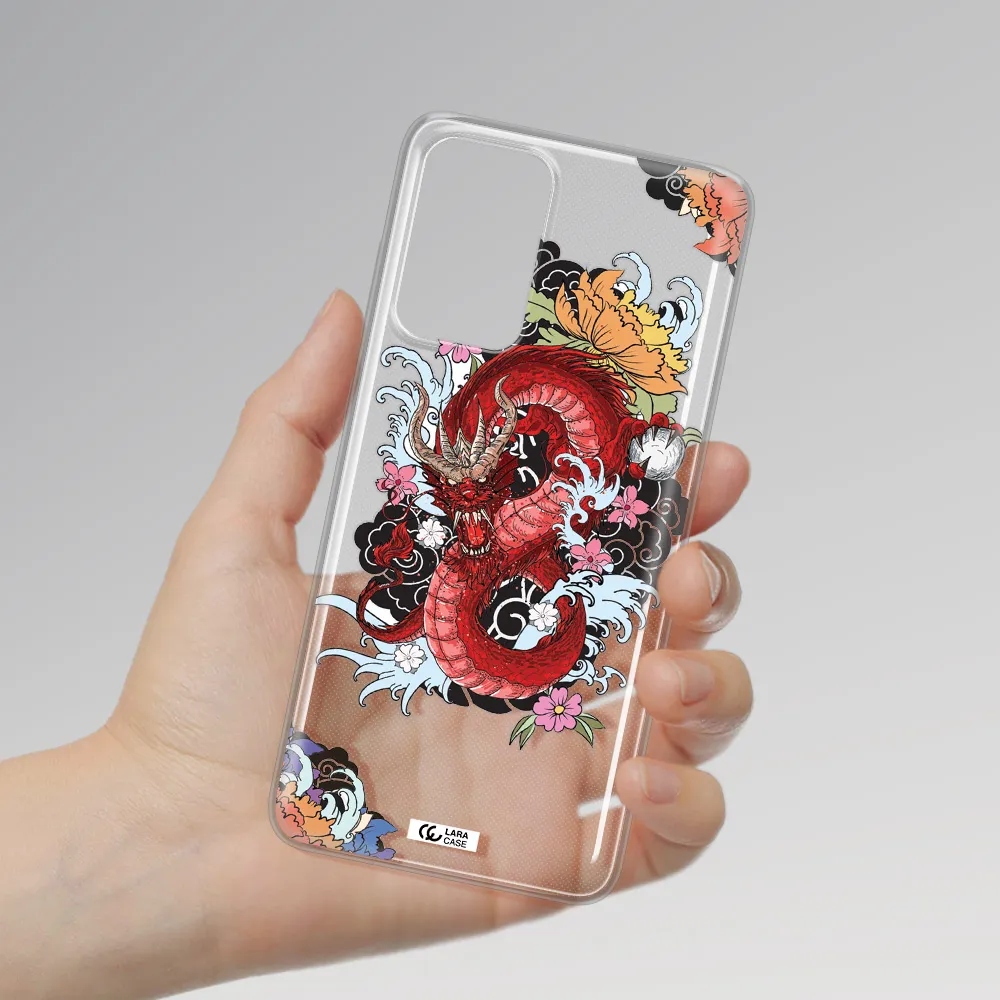a red dragon with flowers and clouds Samsung A72 Clear TPU Case