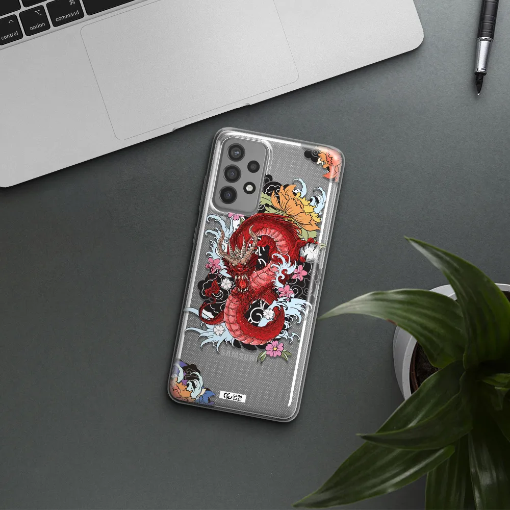 a red dragon with flowers and clouds Samsung A72 Clear TPU Case