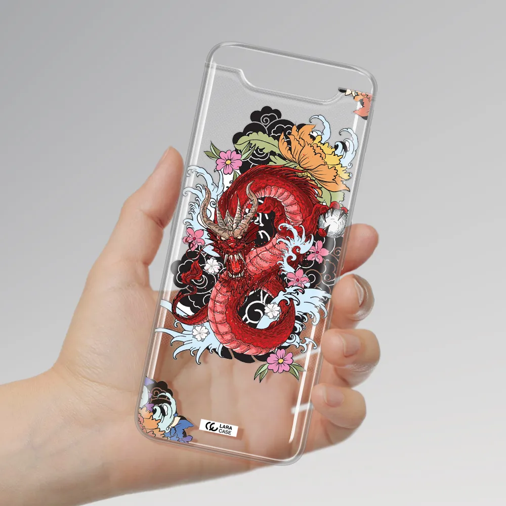 a red dragon with flowers and clouds Samsung A80 Clear TPU Case