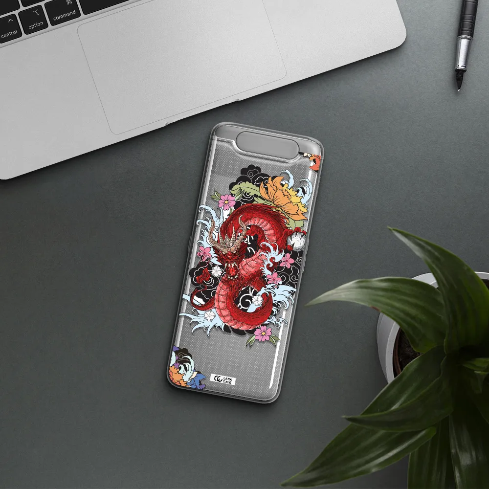 a red dragon with flowers and clouds Samsung A80 Clear TPU Case