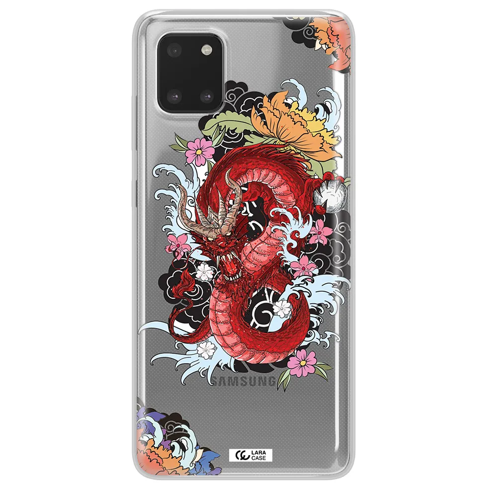 a red dragon with flowers and clouds Samsung A81 Clear TPU Case
