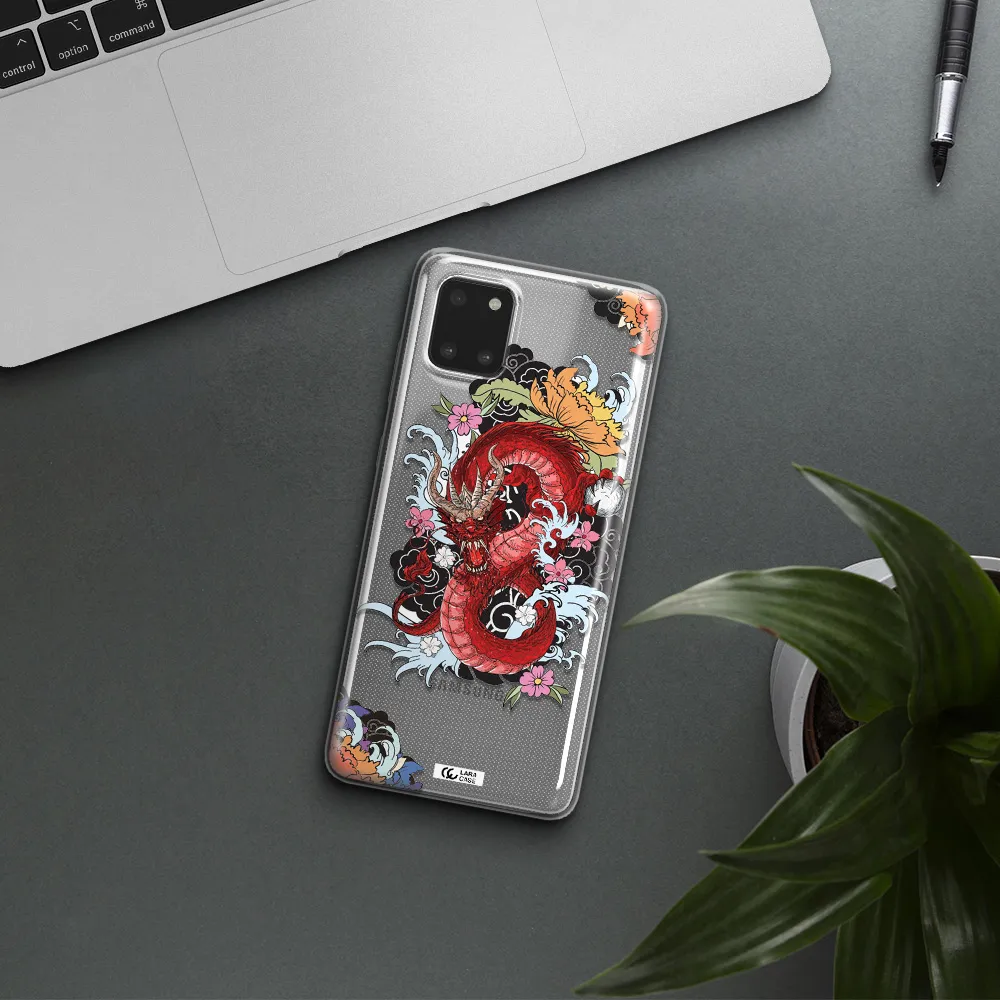 a red dragon with flowers and clouds Samsung A81 Clear TPU Case
