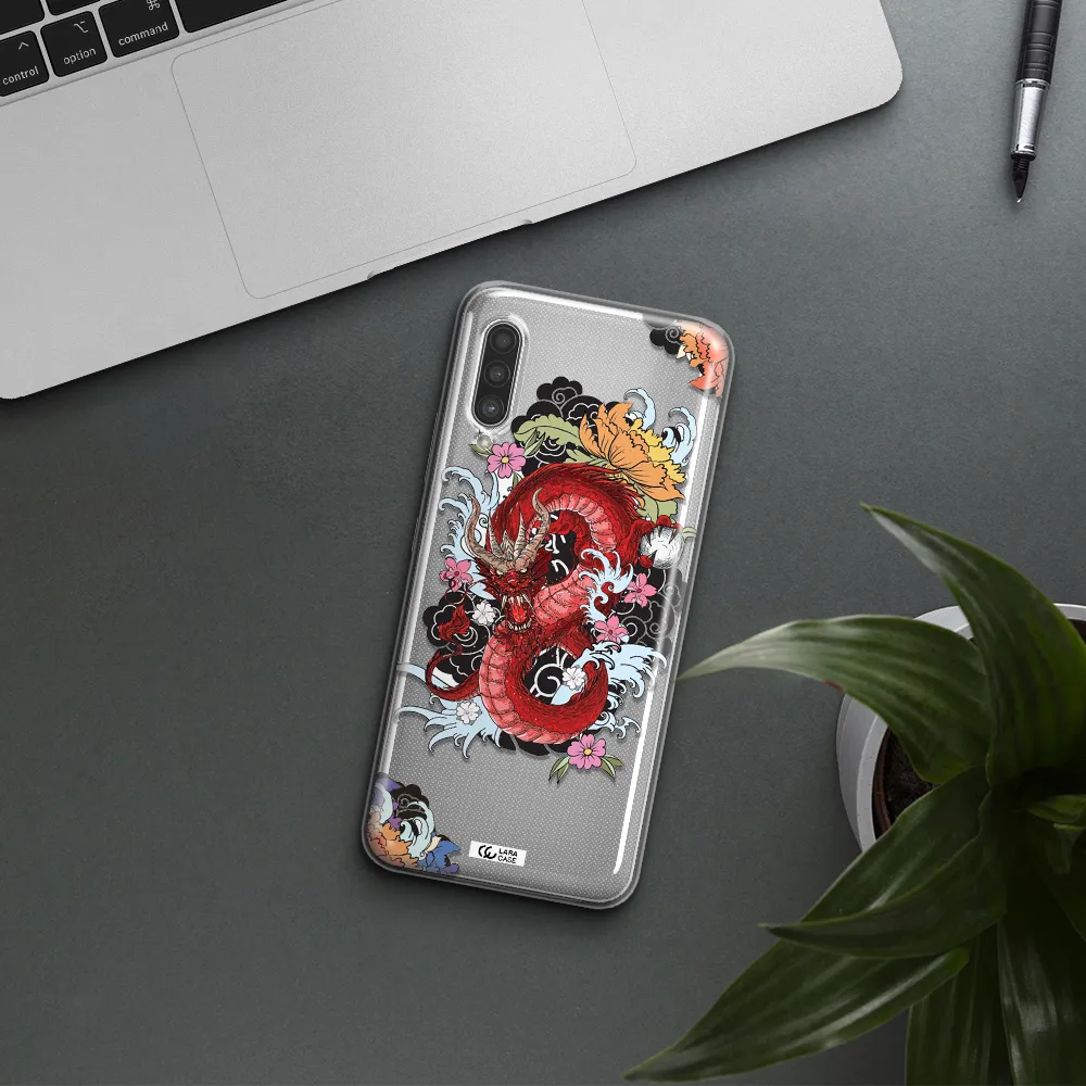 a red dragon with flowers and clouds Samsung A90 Clear TPU Case