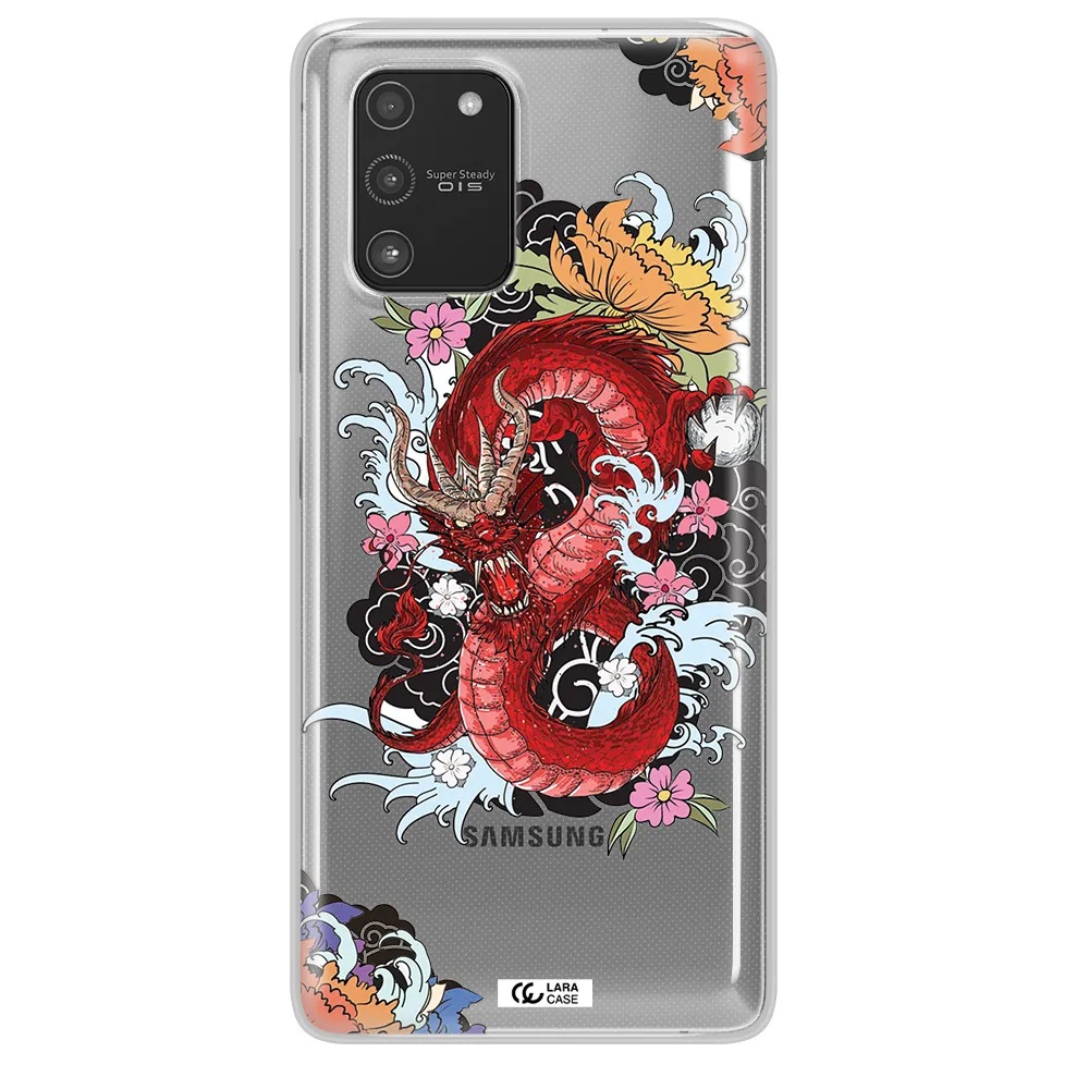 a red dragon with flowers and clouds Samsung A91 Clear TPU Case