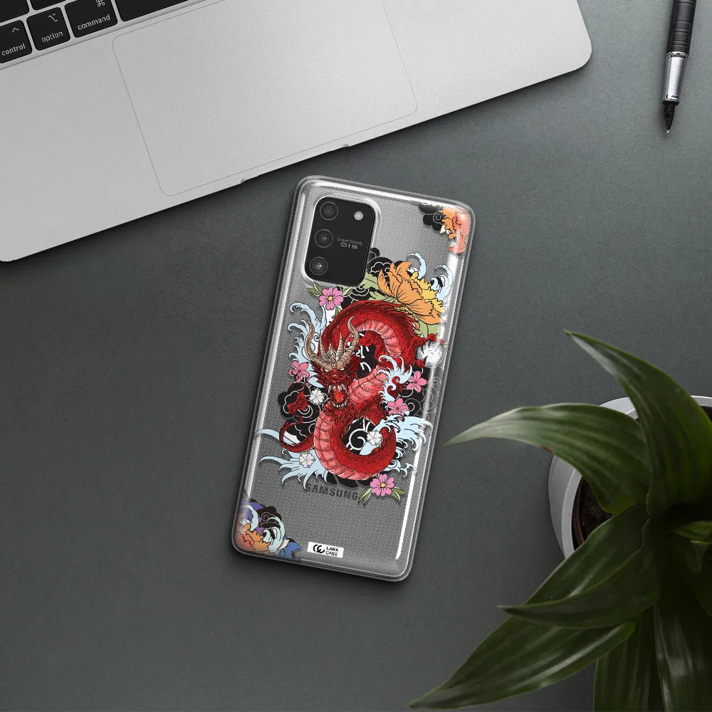 a red dragon with flowers and clouds Samsung A91 Clear TPU Case