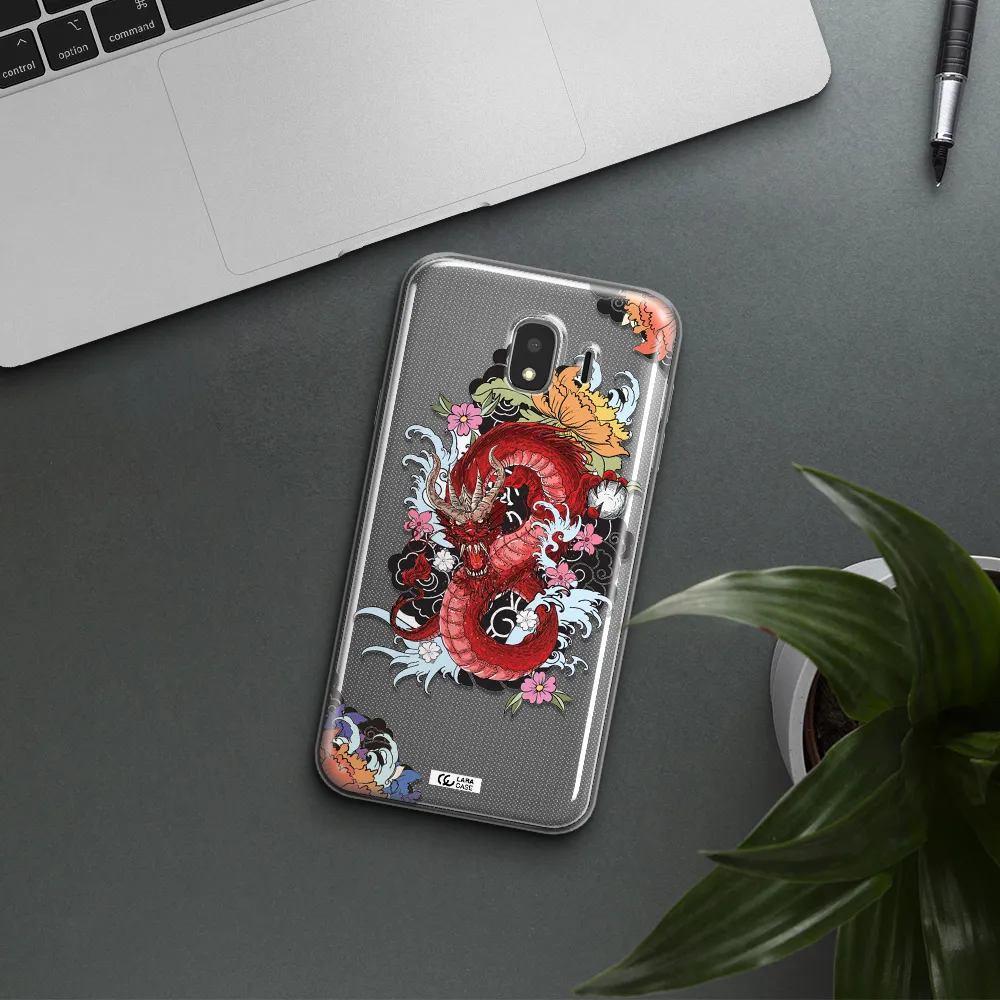 a red dragon with flowers and clouds Samsung J4 Clear TPU Case