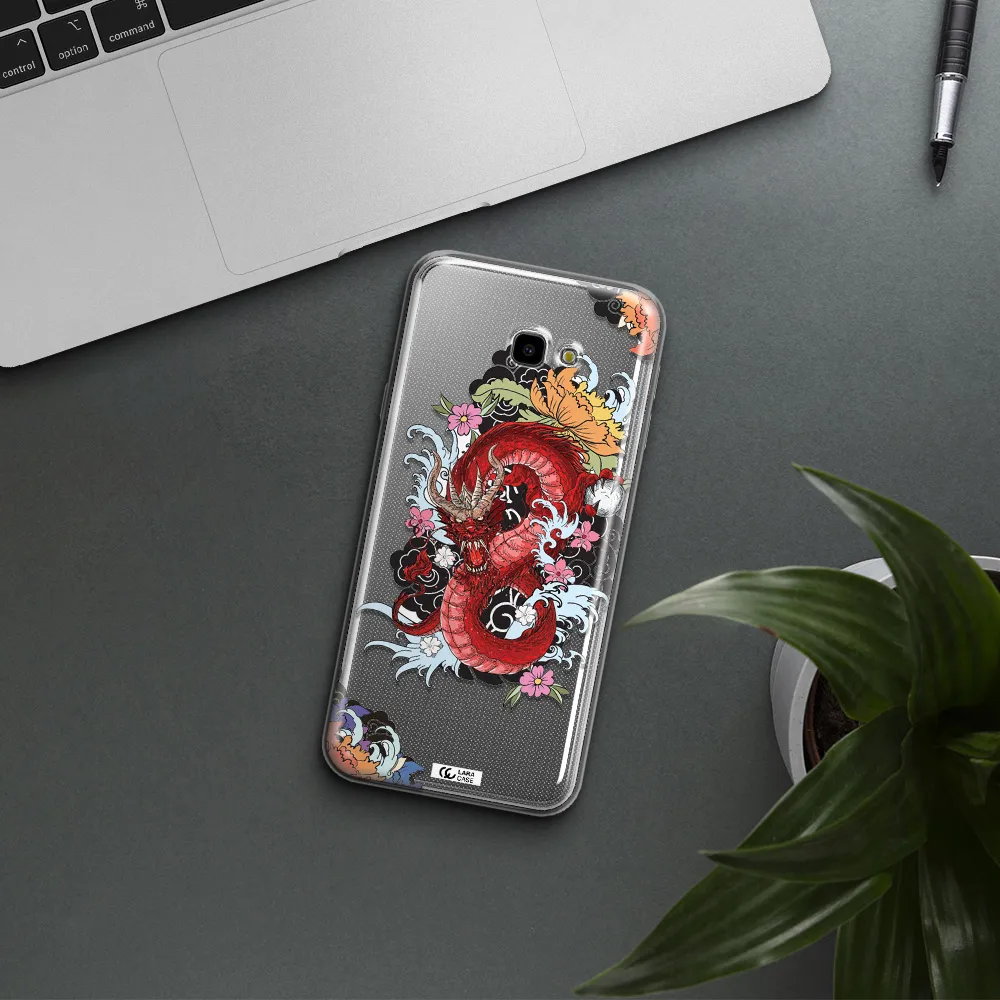 a red dragon with flowers and clouds Samsung J4 Plus Clear TPU Case