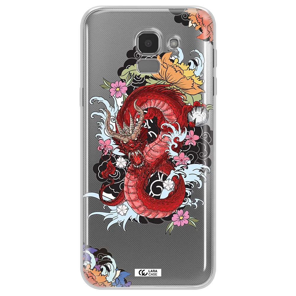 a red dragon with flowers and clouds Samsung J6 Clear TPU Case