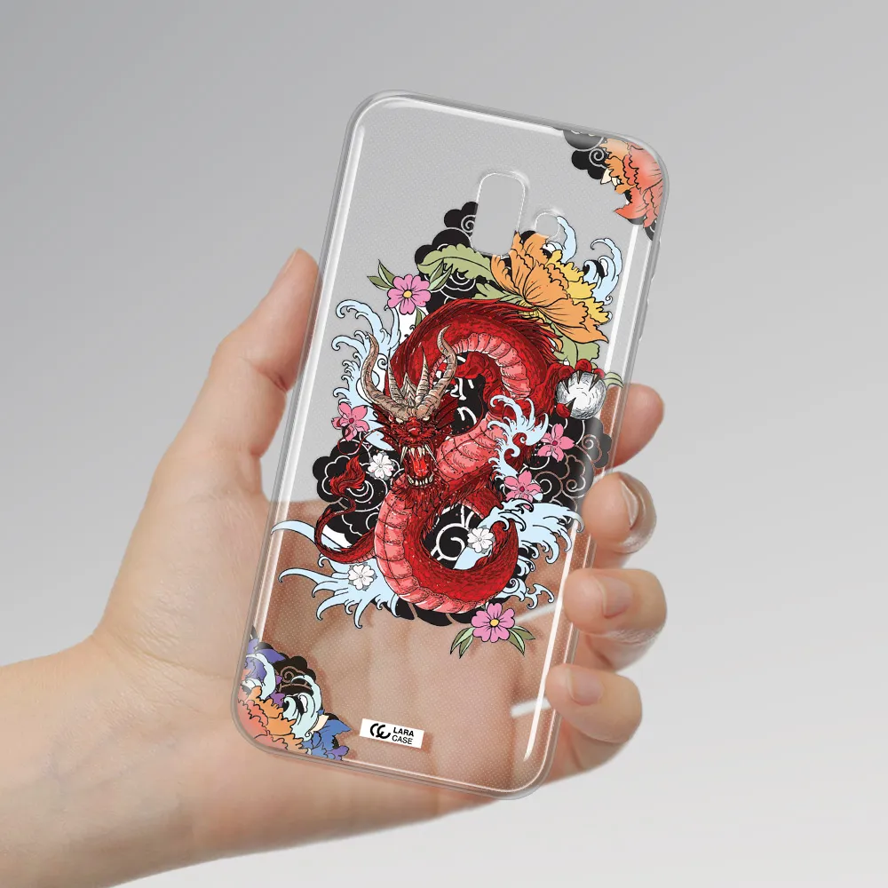 a red dragon with flowers and clouds Samsung J6 Plus Clear TPU Case