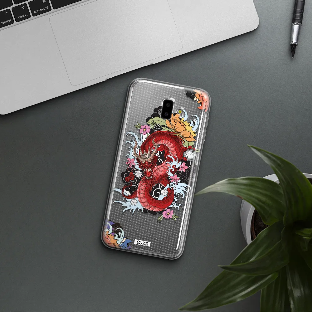 a red dragon with flowers and clouds Samsung J6 Plus Clear TPU Case