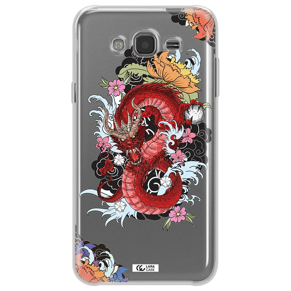 a red dragon with flowers and clouds Samsung J7 Clear TPU Case