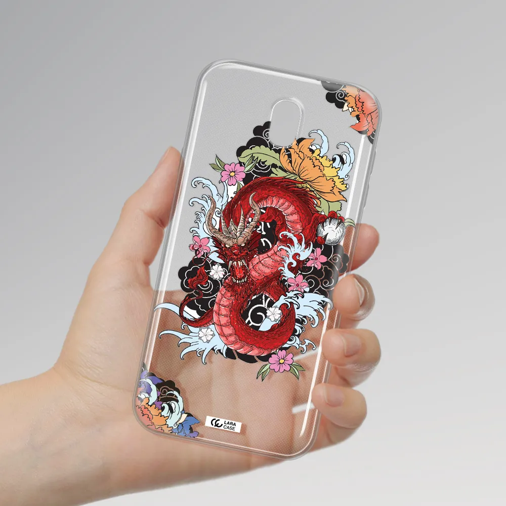 a red dragon with flowers and clouds Samsung J7 Pro Clear TPU Case