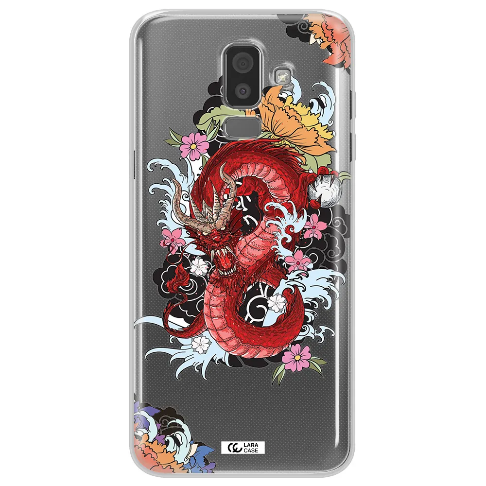 a red dragon with flowers and clouds Samsung J8 Clear TPU Case