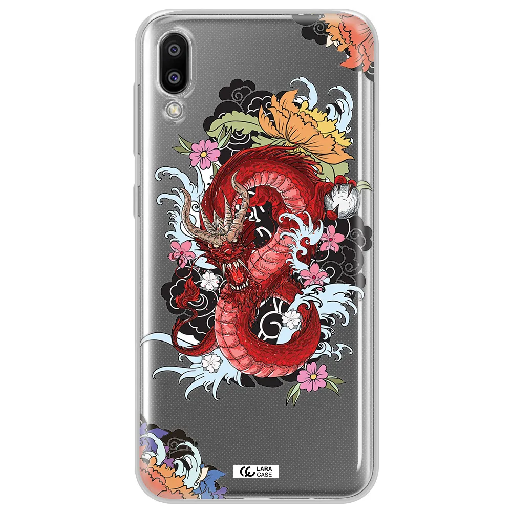 a red dragon with flowers and clouds Samsung M10 Clear TPU Case