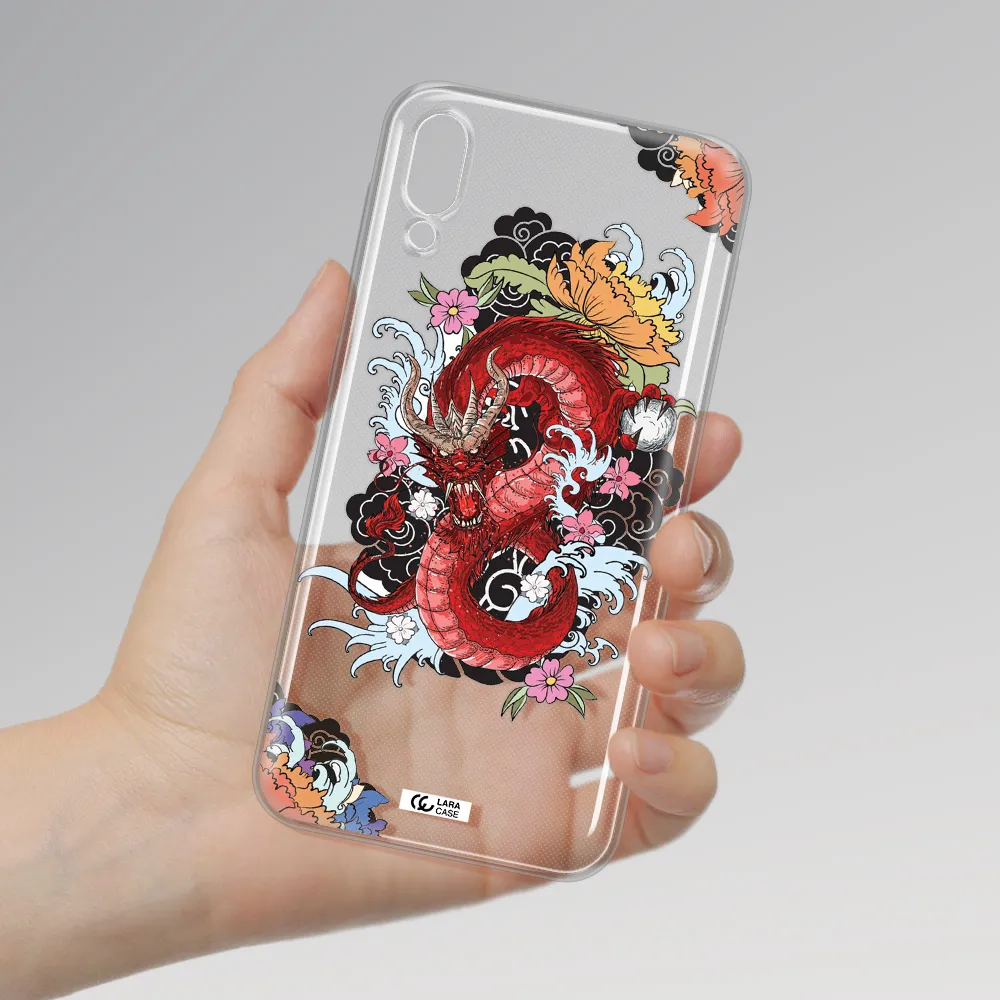 a red dragon with flowers and clouds Samsung M10 Clear TPU Case