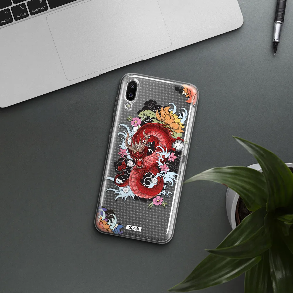 a red dragon with flowers and clouds Samsung M10 Clear TPU Case