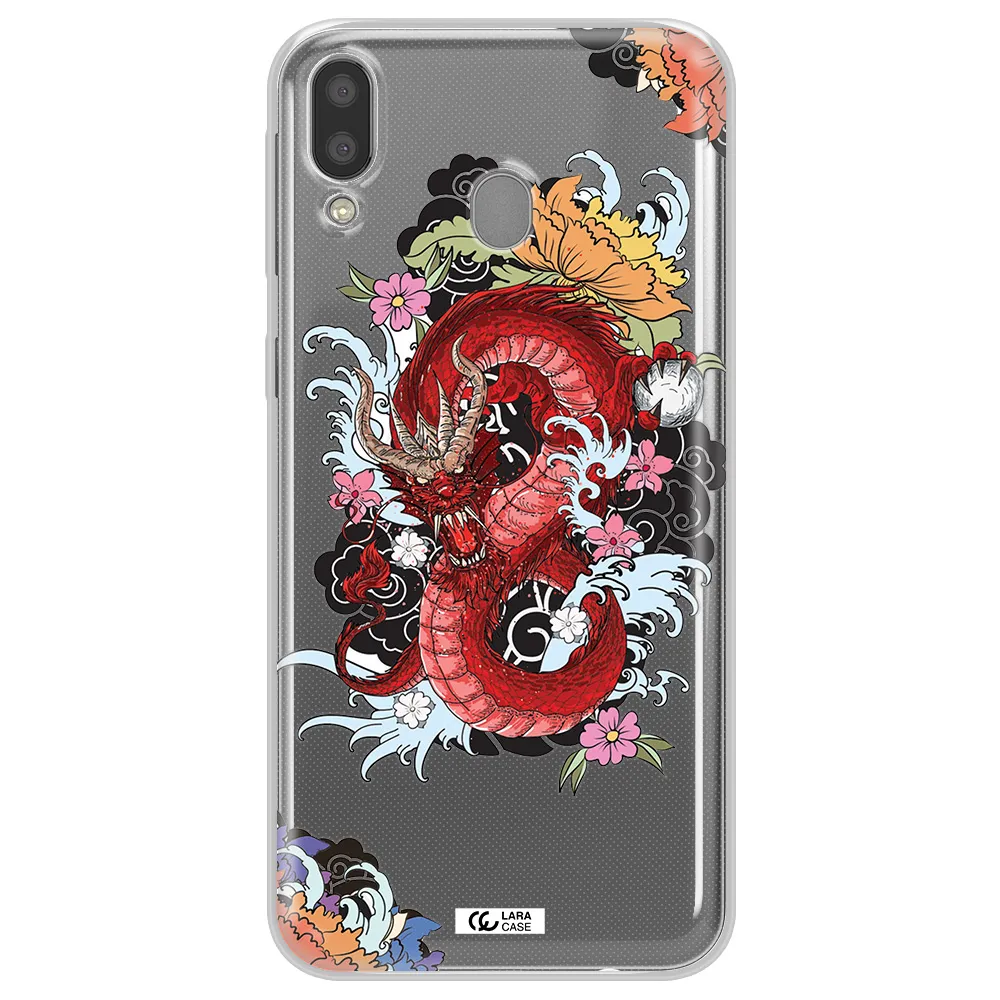 a red dragon with flowers and clouds Samsung M20 Clear TPU Case