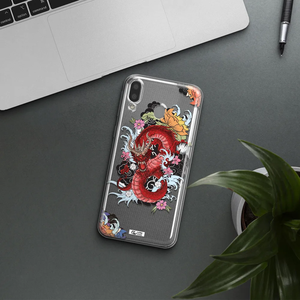 a red dragon with flowers and clouds Samsung M20 Clear TPU Case