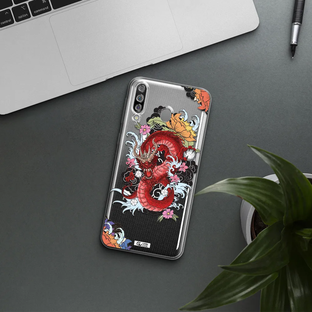 a red dragon with flowers and clouds Samsung M30 Clear TPU Case