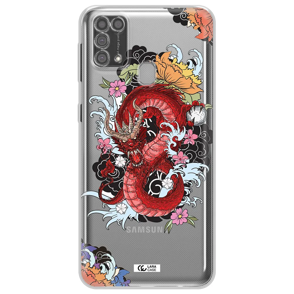 a red dragon with flowers and clouds Samsung M31 Clear TPU Case