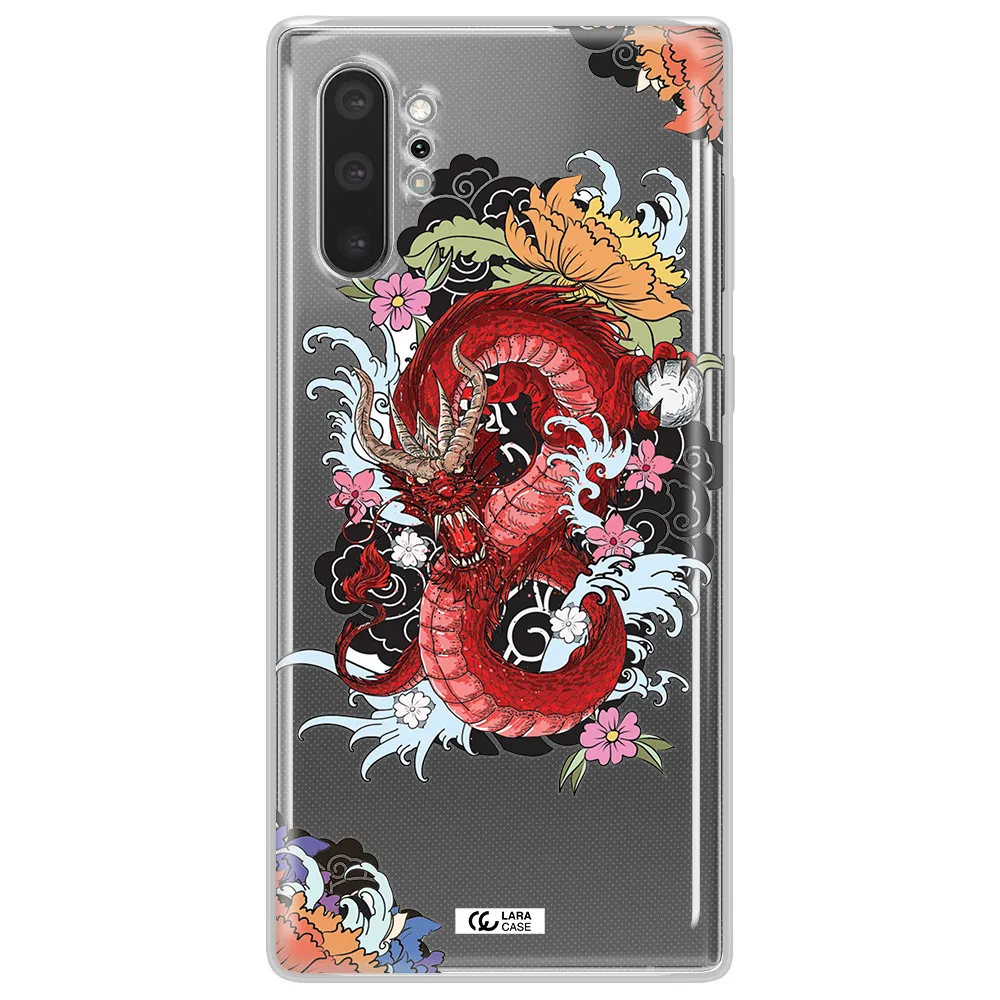 a red dragon with flowers and clouds Samsung Note 10 Plus Clear TPU Case