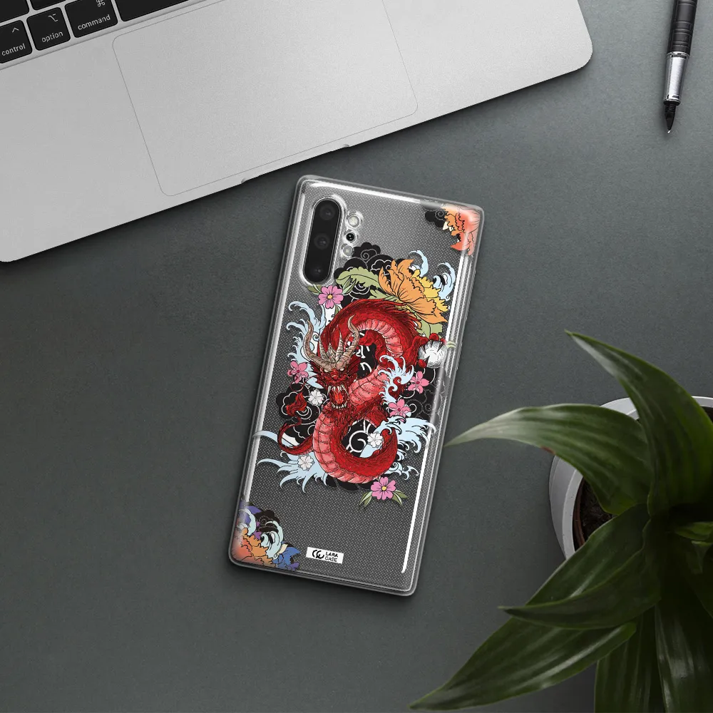 a red dragon with flowers and clouds Samsung Note 10 Plus Clear TPU Case