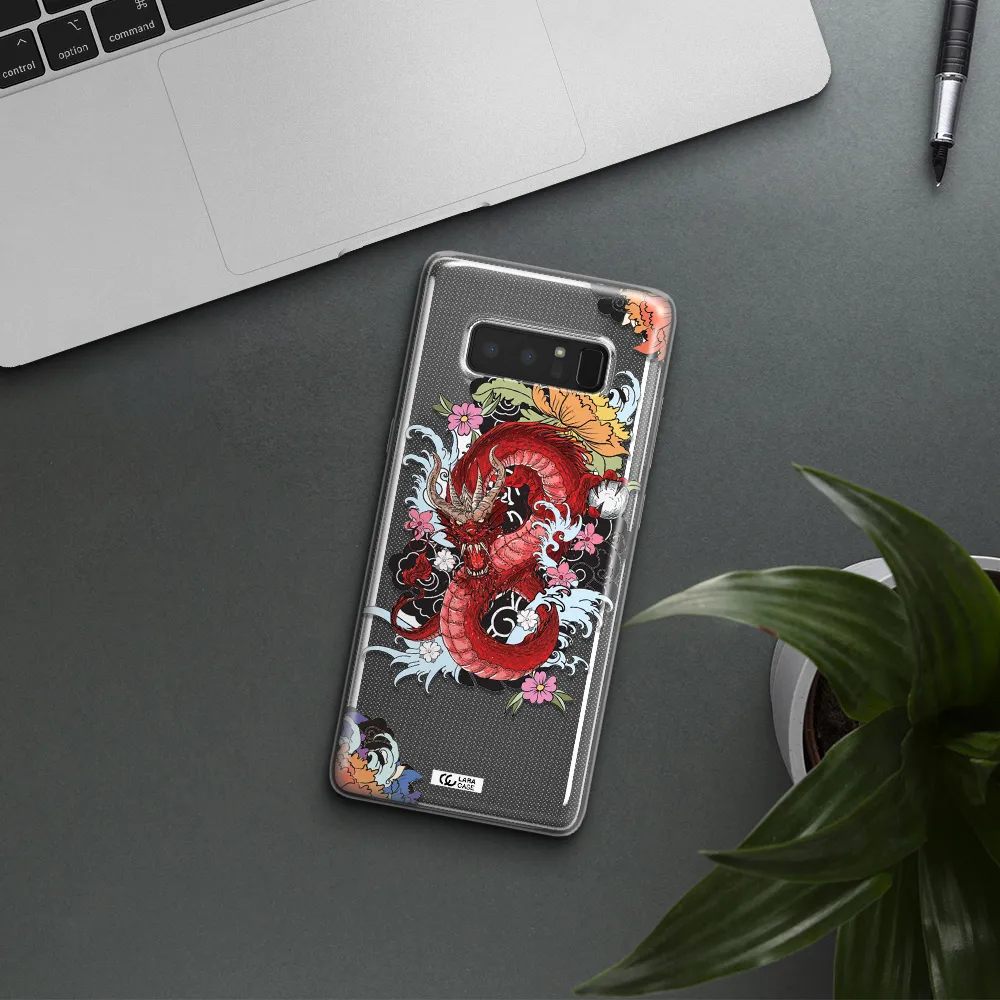 a red dragon with flowers and clouds Samsung Note 8 Clear TPU Case