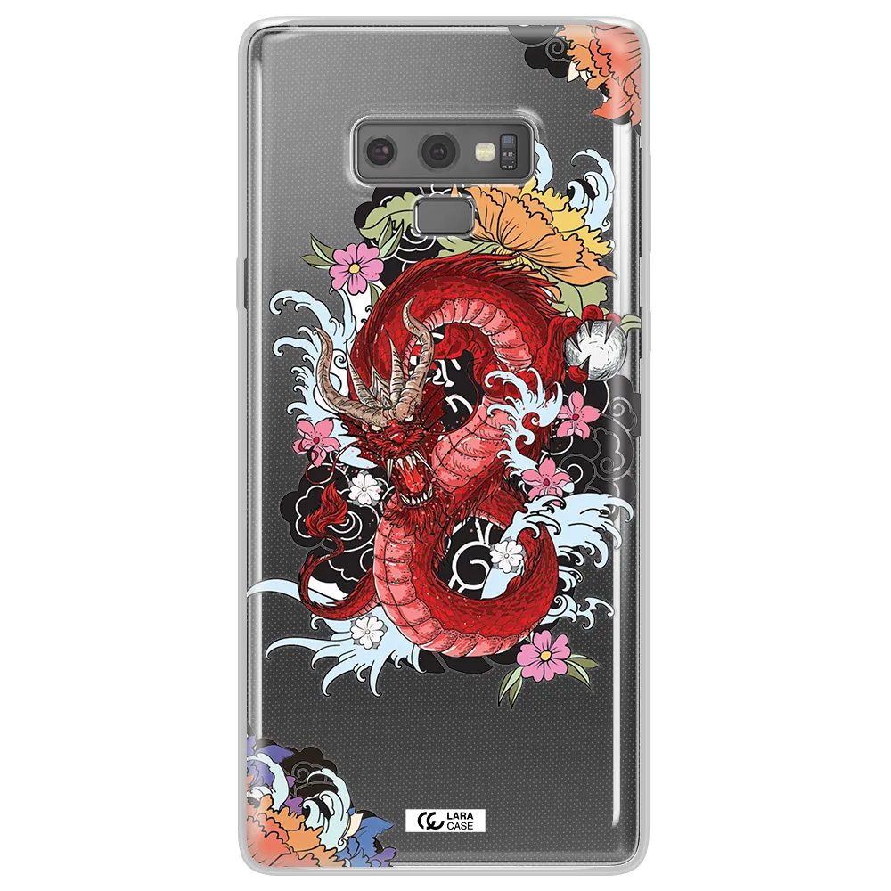 a red dragon with flowers and clouds Samsung Note 9 Clear TPU Case