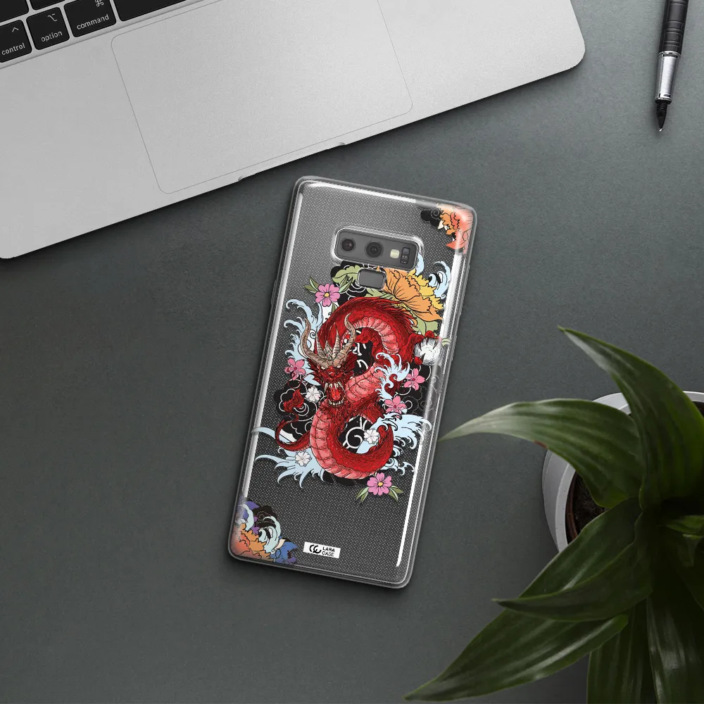 a red dragon with flowers and clouds Samsung Note 9 Clear TPU Case