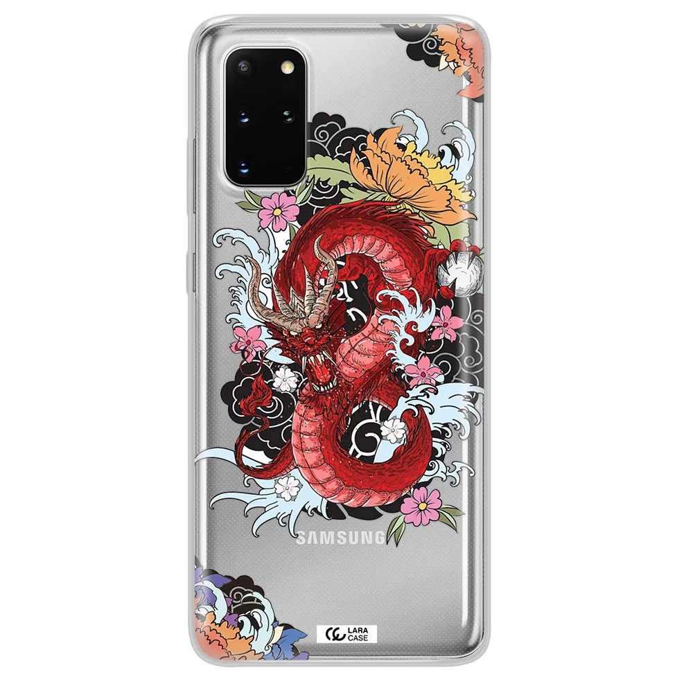 a red dragon with flowers and clouds Samsung S 20 Plus Clear TPU Case