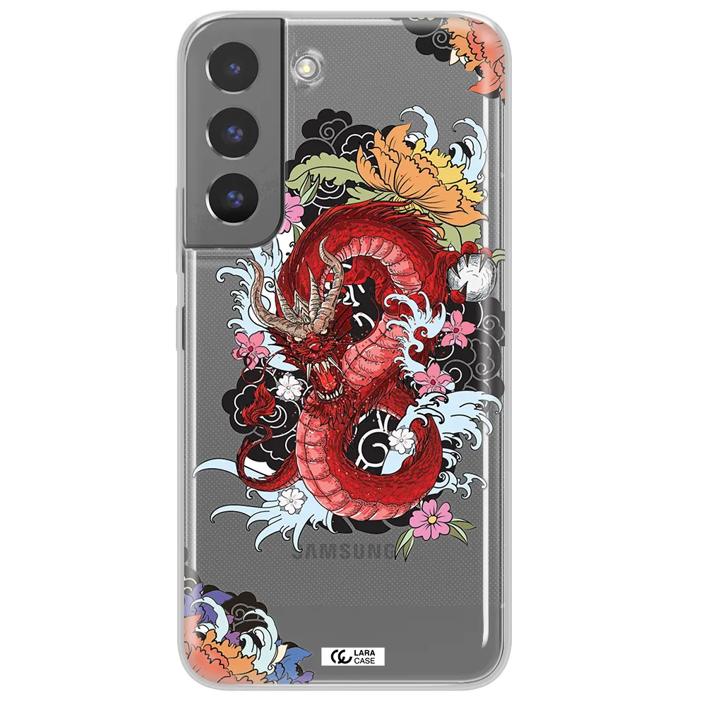 a red dragon with flowers and clouds Samsung S 22 Clear TPU Case