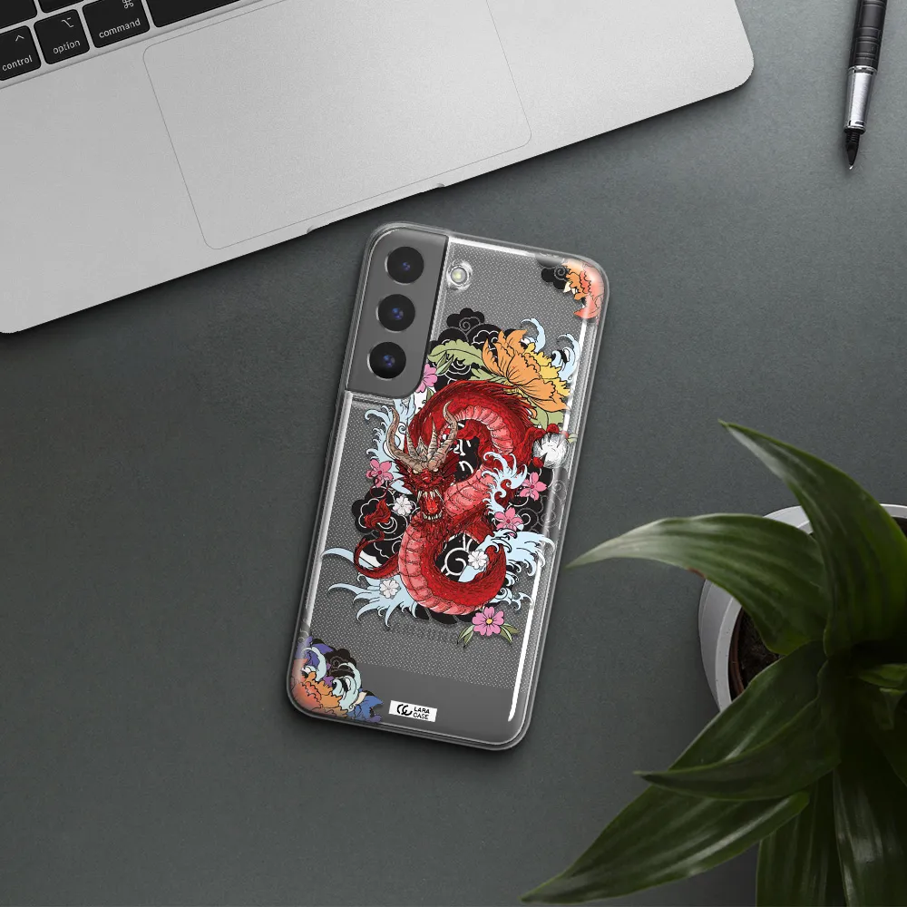 a red dragon with flowers and clouds Samsung S 22 Clear TPU Case