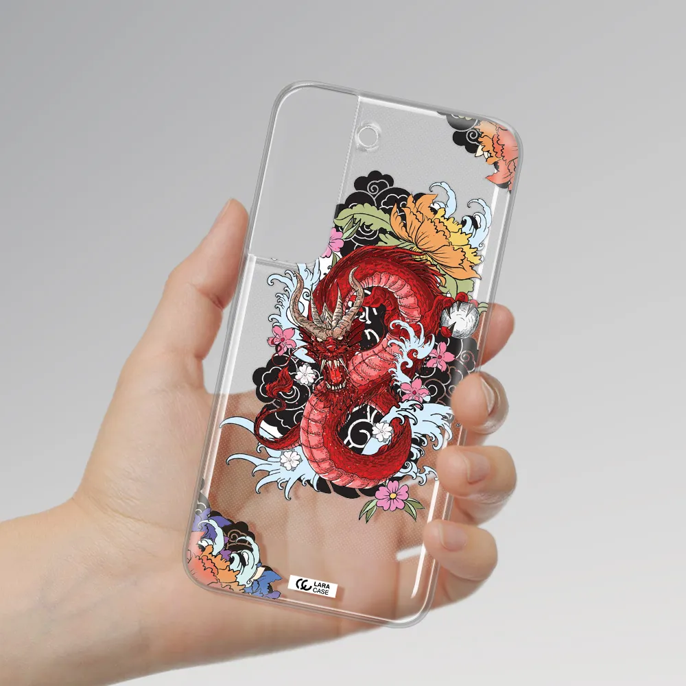 a red dragon with flowers and clouds Samsung S 22 Plus Clear TPU Case