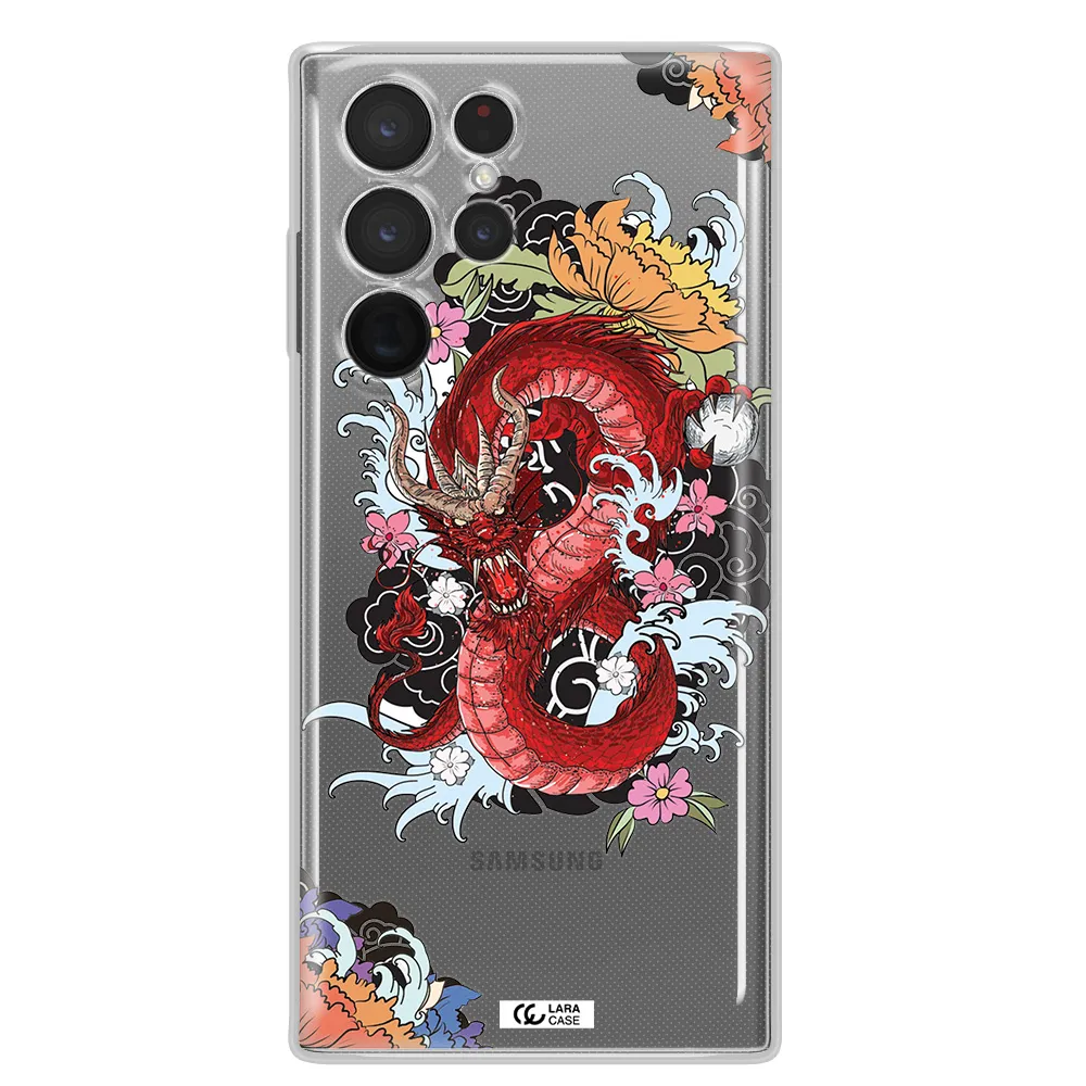 a red dragon with flowers and clouds Samsung S 22 Ultra Clear TPU Case
