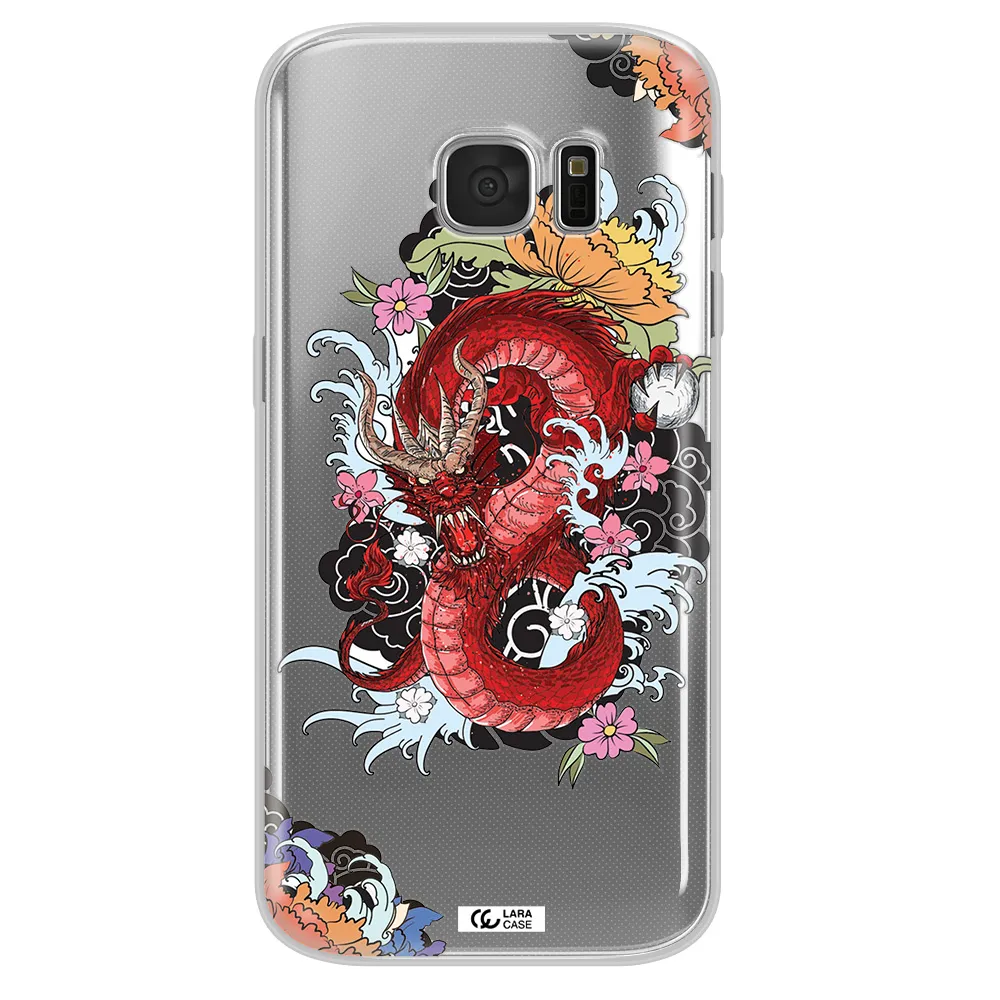 a red dragon with flowers and clouds Samsung S 7 Clear TPU Case
