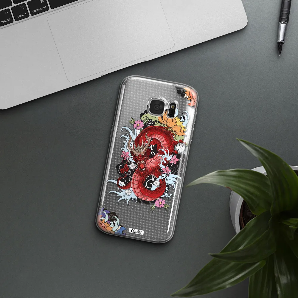a red dragon with flowers and clouds Samsung S 7 Clear TPU Case