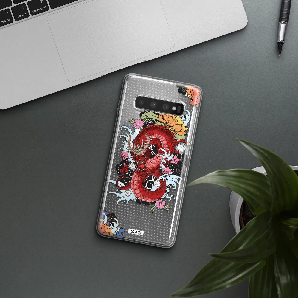 a red dragon with flowers and clouds Samsung S10 Plus Clear TPU Case