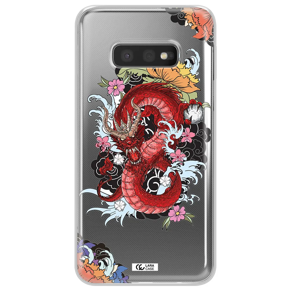 a red dragon with flowers and clouds Samsung S10e Clear TPU Case