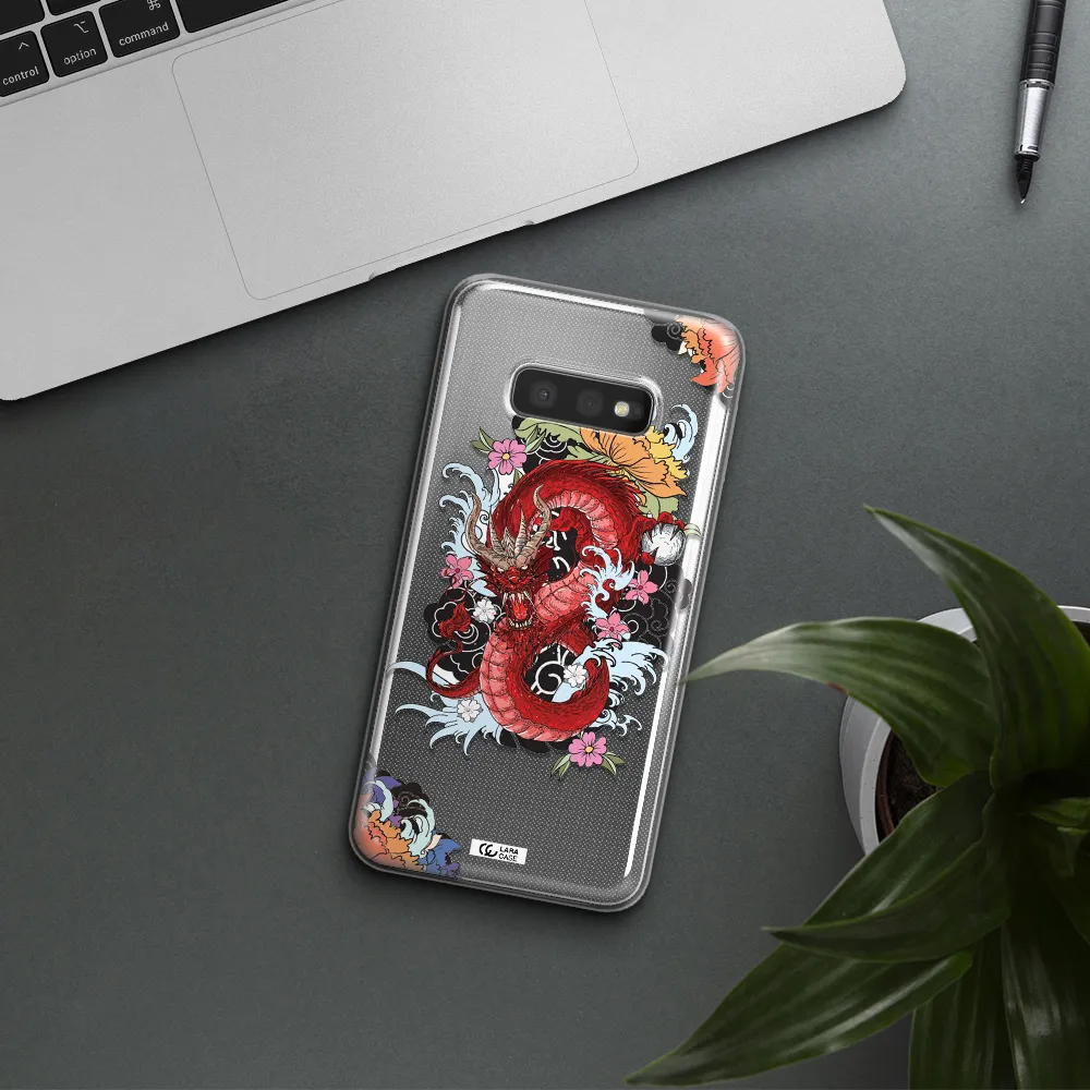 a red dragon with flowers and clouds Samsung S10e Clear TPU Case