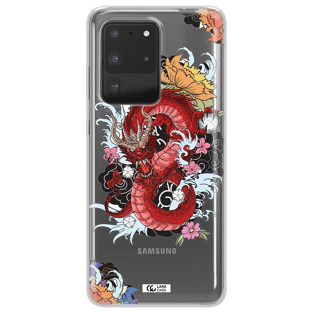 a red dragon with flowers and clouds Samsung S20 Ultra Clear TPU Case