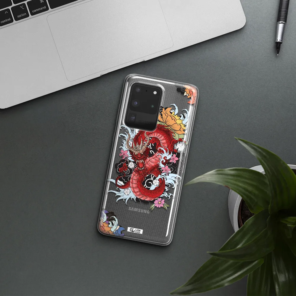 a red dragon with flowers and clouds Samsung S20 Ultra Clear TPU Case