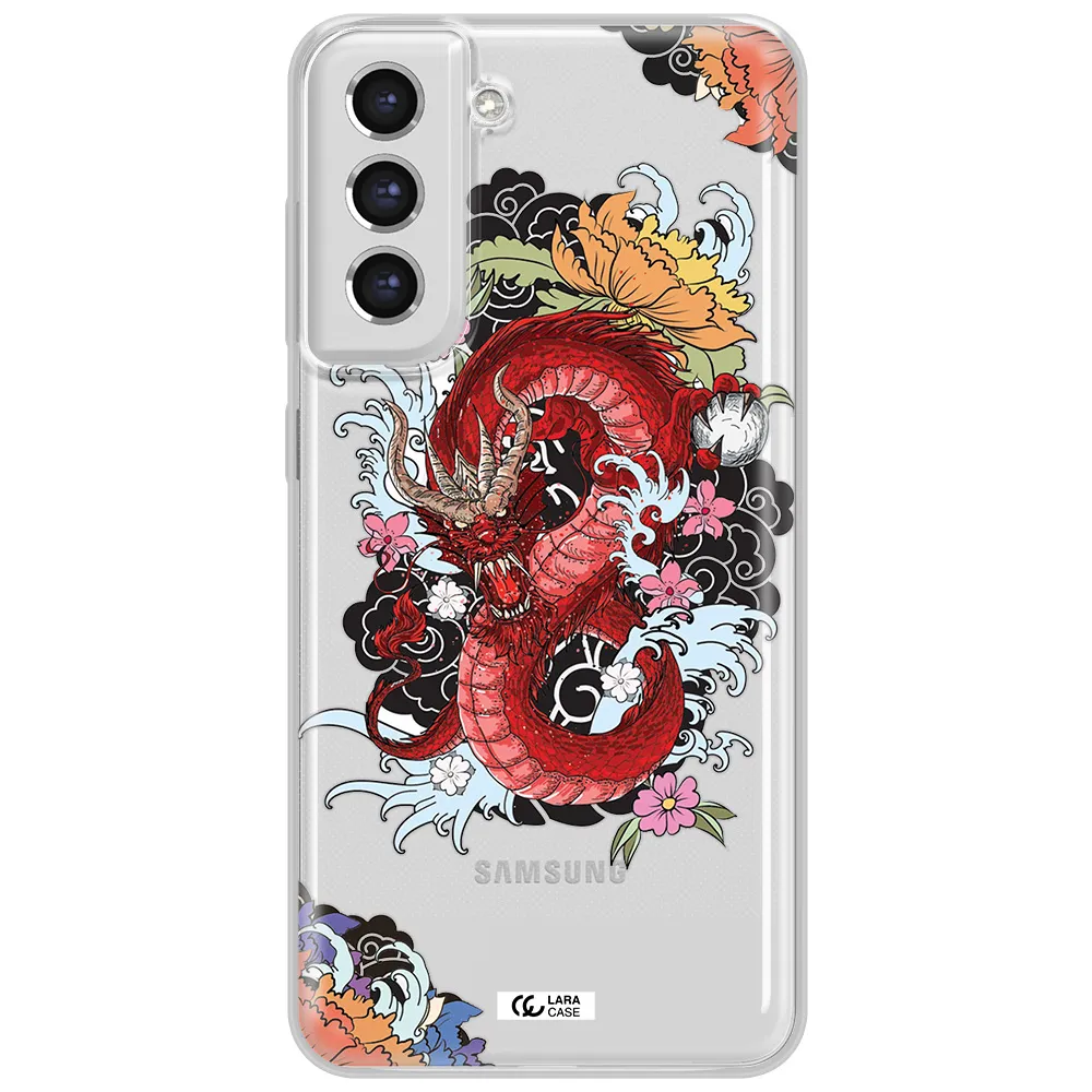 A Red Dragon With Flowers And Clouds Samsung S21 Fe Clear Tpu Case