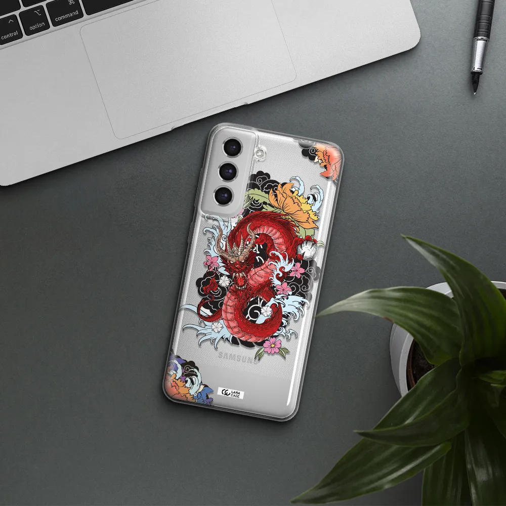 A Red Dragon With Flowers And Clouds Samsung S21 Fe Clear Tpu Case