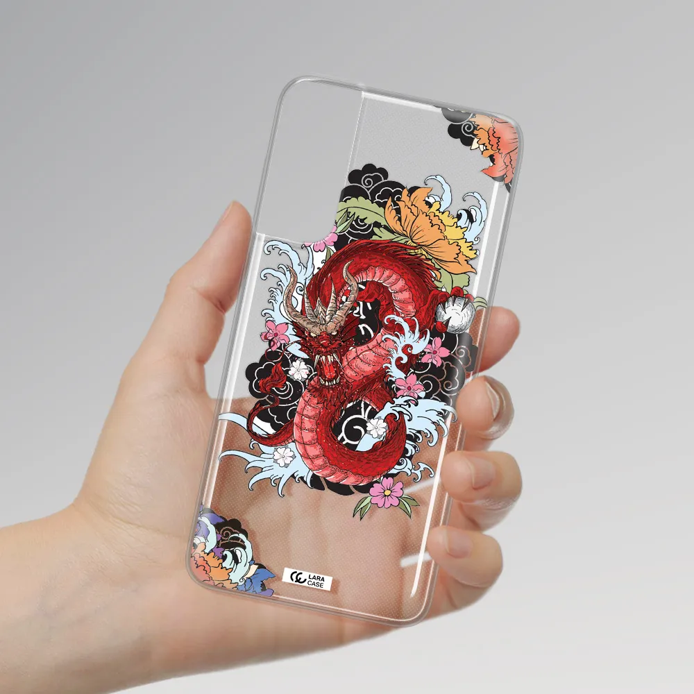 a red dragon with flowers and clouds Samsung S21 Plus Clear TPU Case