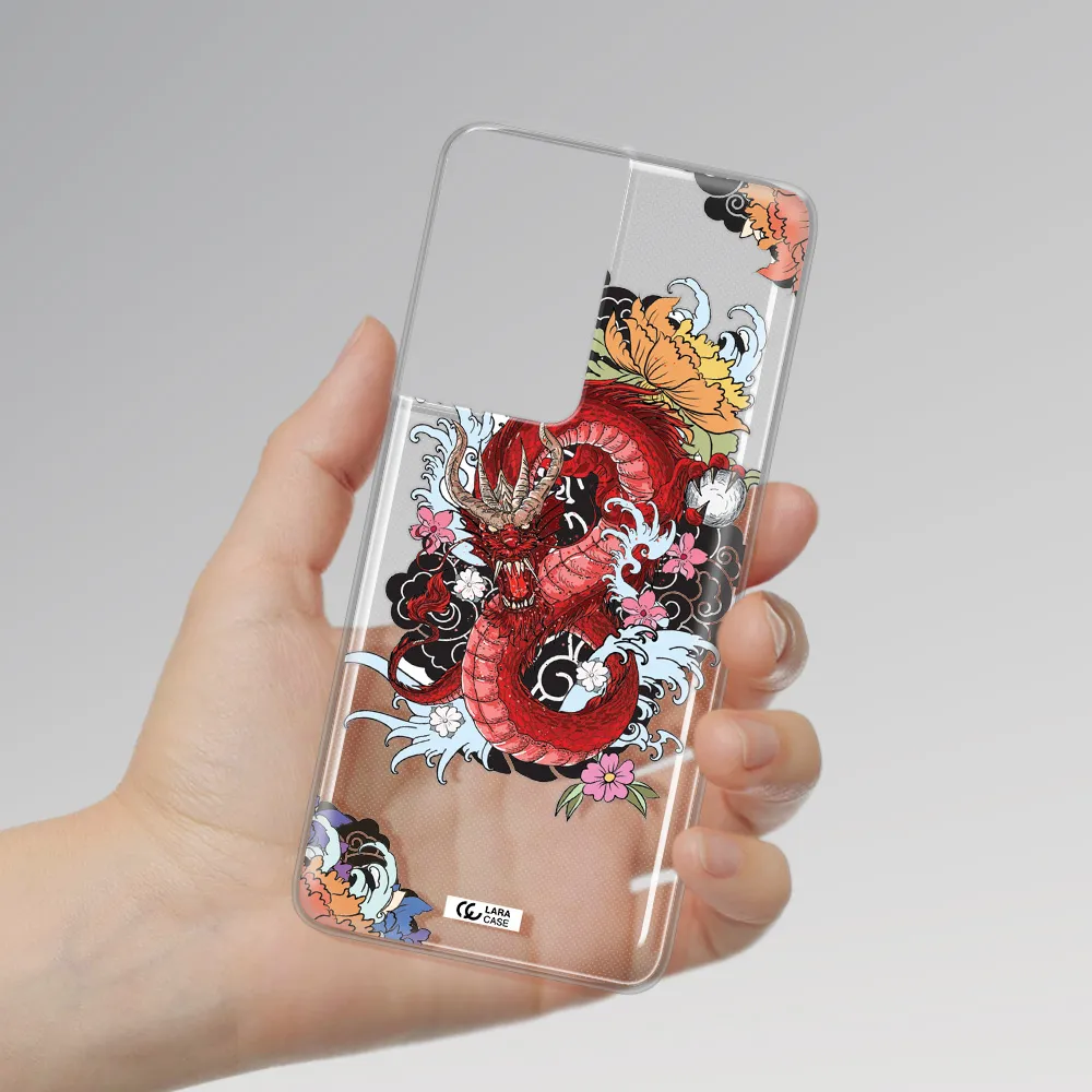 a red dragon with flowers and clouds Samsung S21 Ultra Clear TPU Case