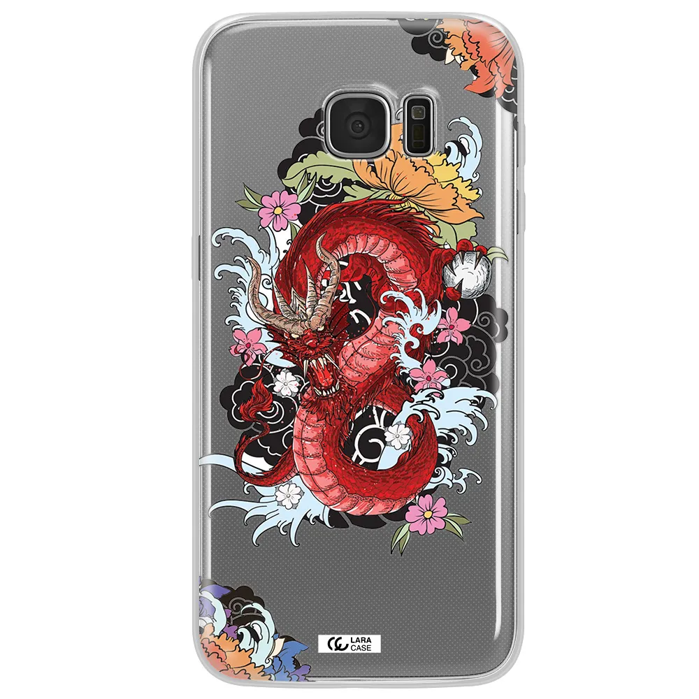 a red dragon with flowers and clouds Samsung S7 Edge Clear TPU Case