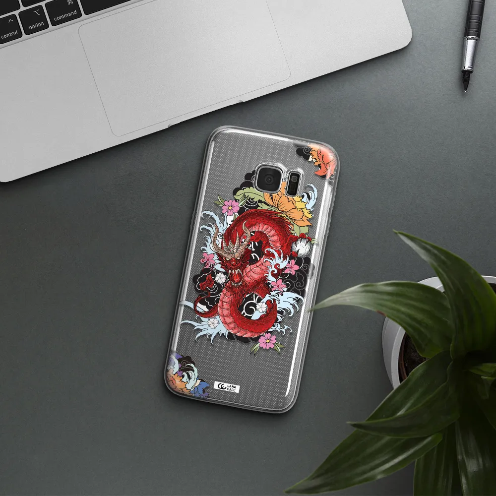 a red dragon with flowers and clouds Samsung S7 Edge Clear TPU Case